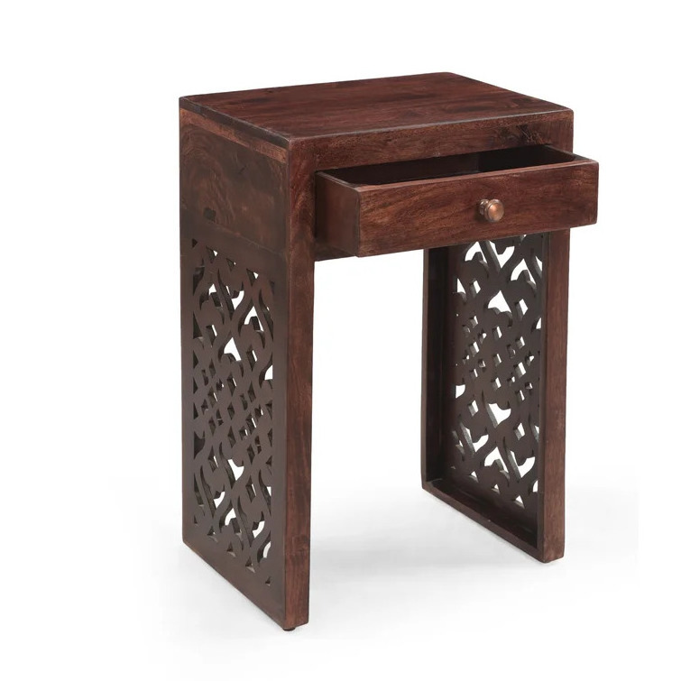 Mango Wood Nightstand with Drawer Compact Wooden Side Table with Drawer Side Carving MDF Panel Indian Handicraft Furniture