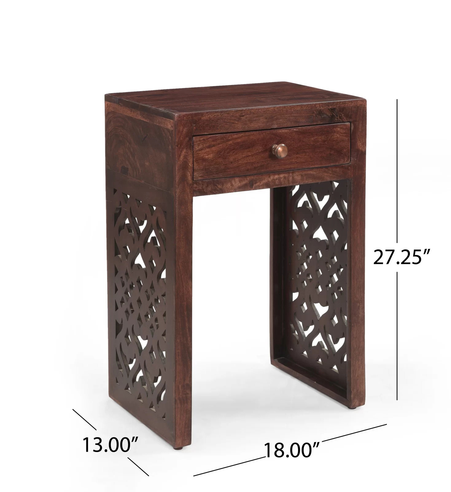 Mango Wood Nightstand with Drawer Compact Wooden Side Table with Drawer Side Carving MDF Panel Indian Handicraft Furniture