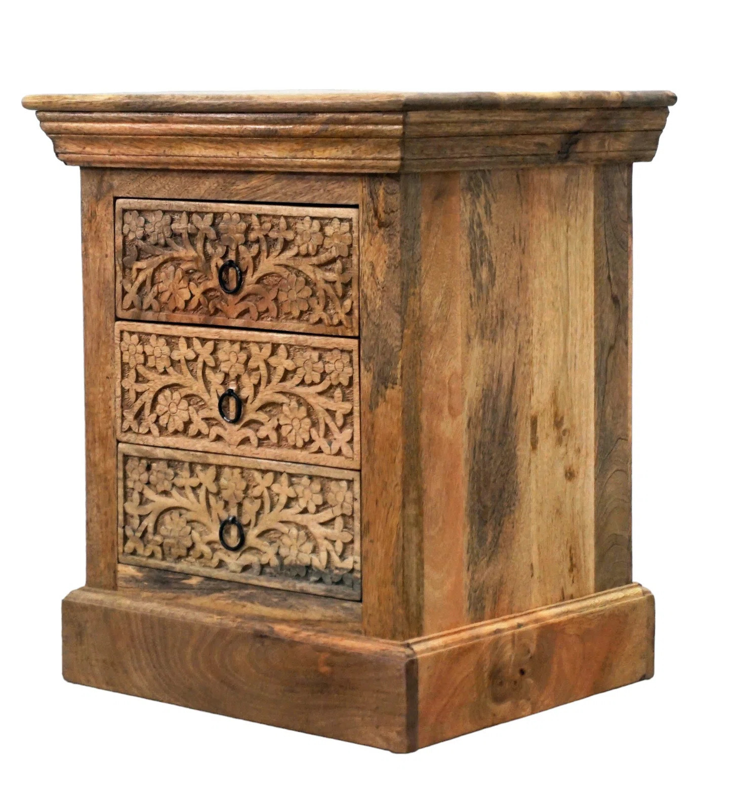 Hand Carved Mango Wood 3 Drawer Nightstand Indian Carved Wood Bedside Table Solid Mango Wood Carved Nightstand