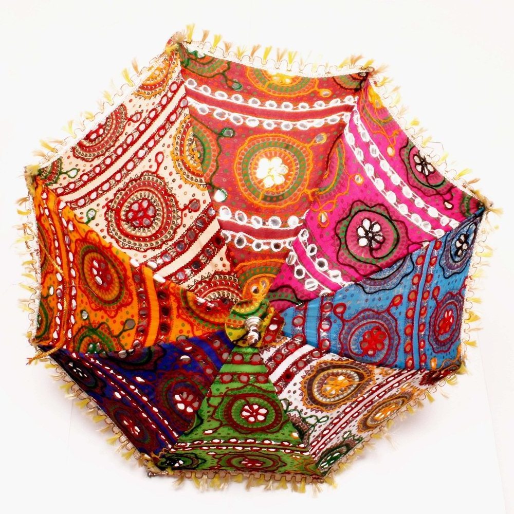 Colorful Design Rajasthani Umbrella Handicraft Women's Cotton Printed Embroidery Mirror Hand Work Wedding Decorative Umbrella