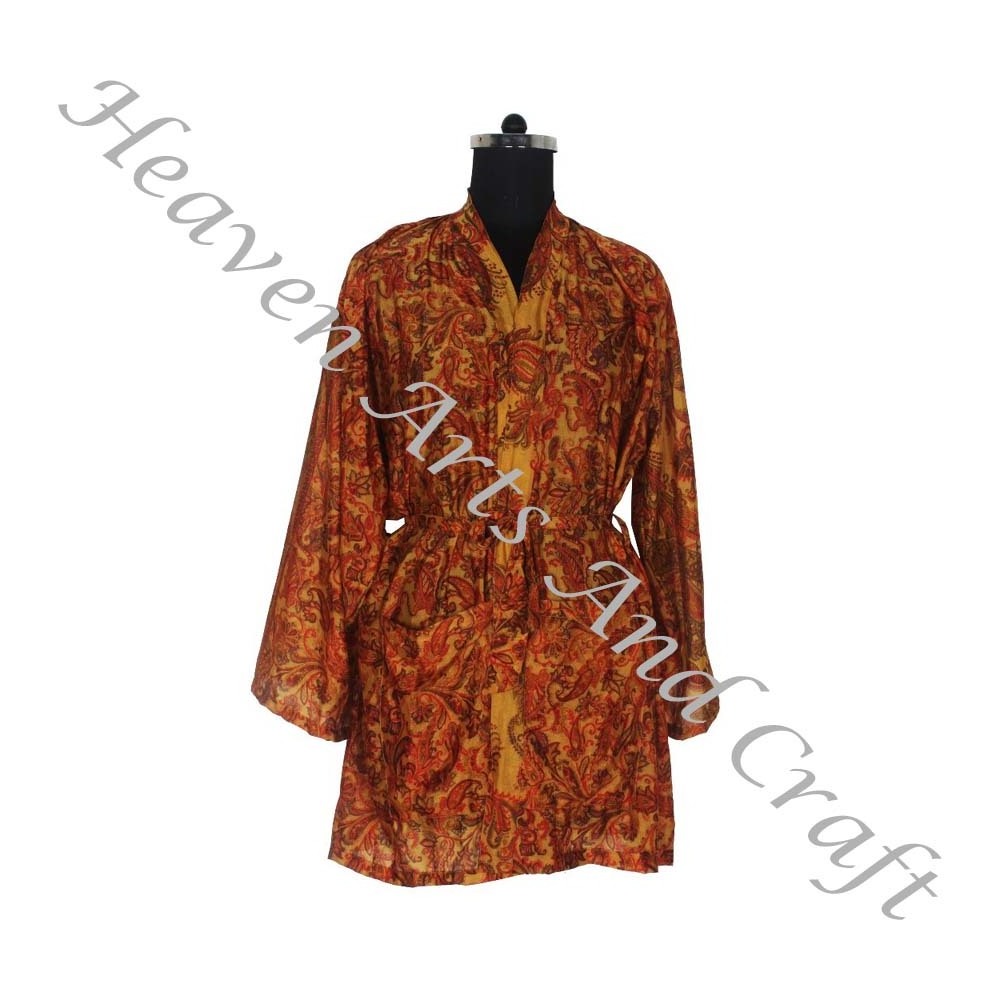 KS009 Bohemian Silk Vintage Sari Kimono Short Robe - Summer Beach Wear Bikini Silk Cover Up - Wholesale Silk Sari Vintage Sari