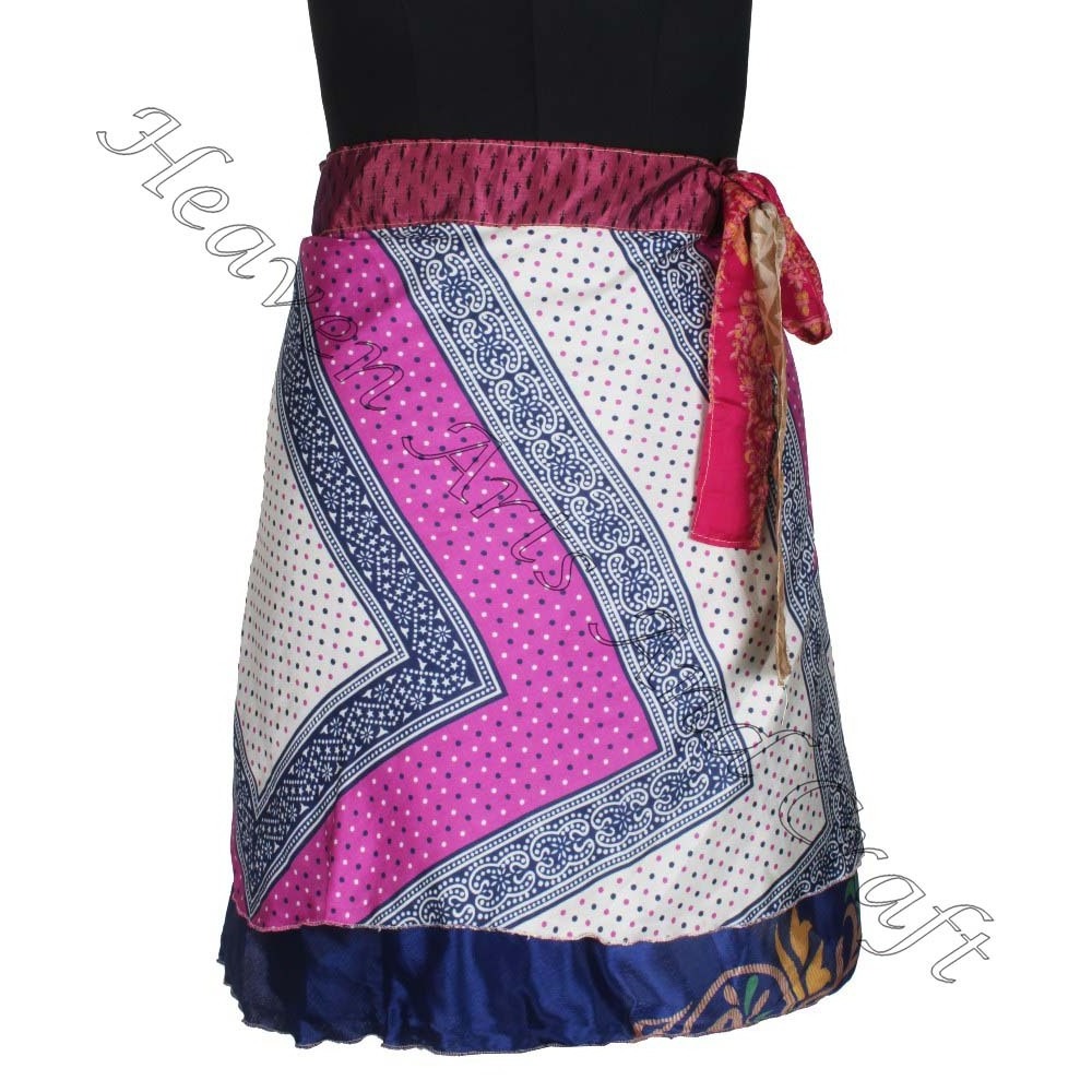 Vintage Silk Double Layer Reversible Sarong Sari Magic Wrap Mini Skirt From India Gypsy Hippie Boho Indian Retro Silk Casual