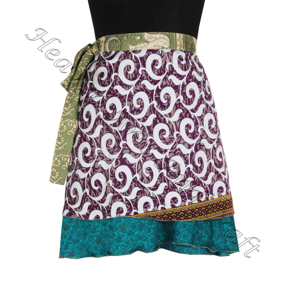 Designer 2 Layer Reversible Magic Silk Sari Wrap Mini Skirt Gypsy Hippie Boho Indian Retro Silk Casual Magic Wrap Short Skirt