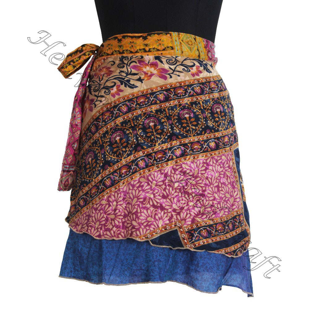 Designer 2 Layer Reversible Magic Silk Sari Wrap Mini Skirt Gypsy Hippie Boho Indian Retro Silk Casual Magic Wrap Short Skirt