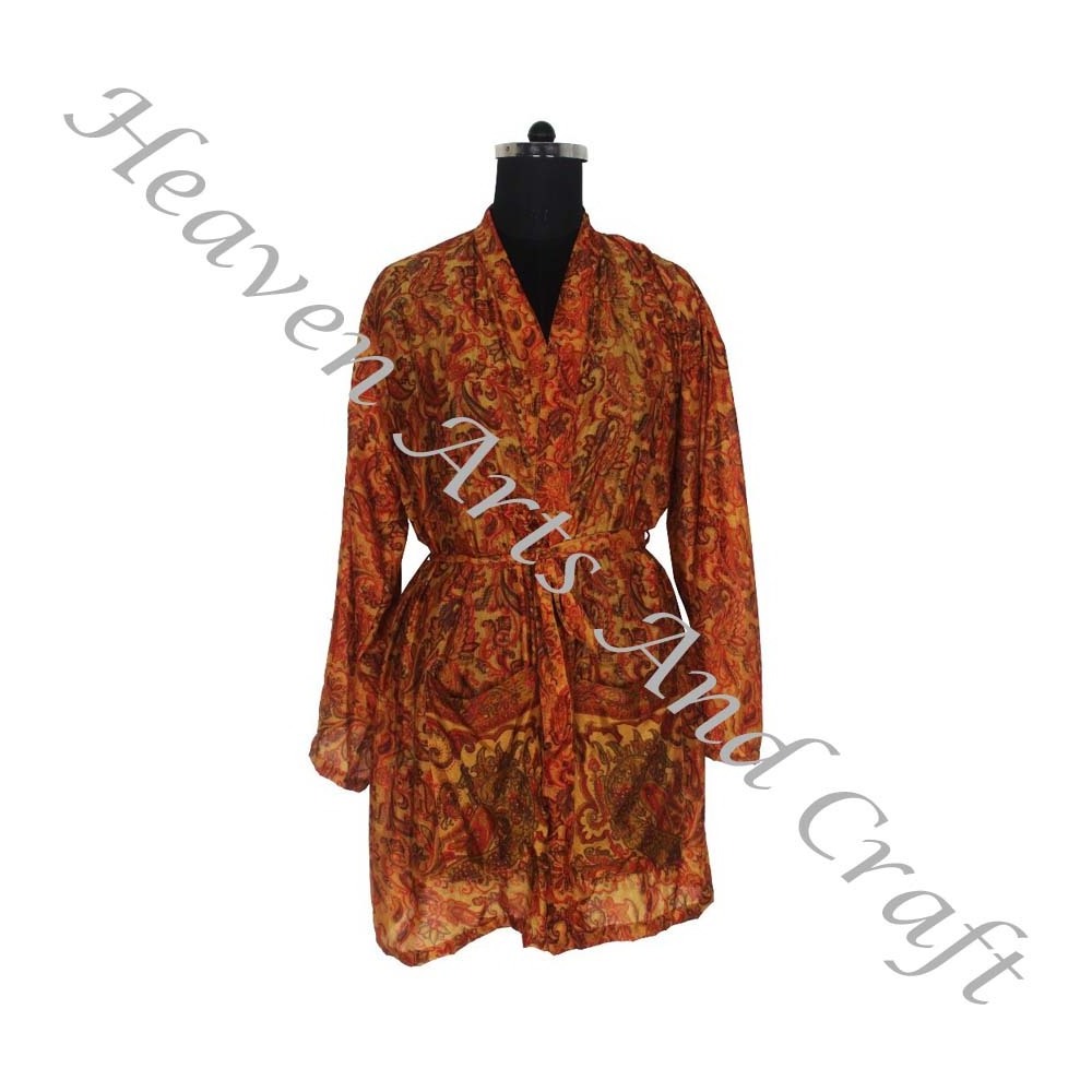 KS009 Bohemian Silk Vintage Sari Kimono Short Robe - Summer Beach Wear Bikini Silk Cover Up - Wholesale Silk Sari Vintage Sari