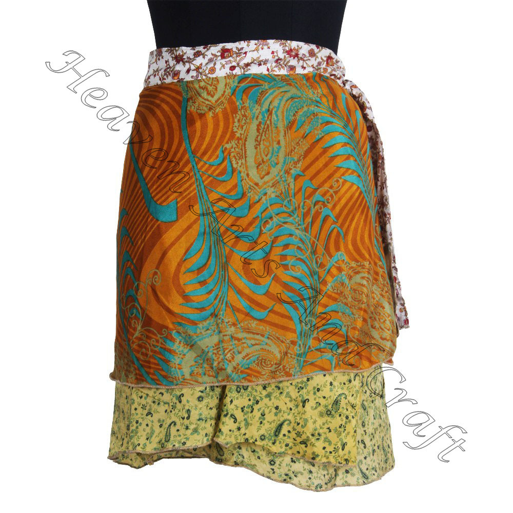 Designer 2 Layer Reversible Magic Silk Sari Wrap Mini Skirt Gypsy Hippie Boho Indian Retro Silk Casual Magic Wrap Short Skirt