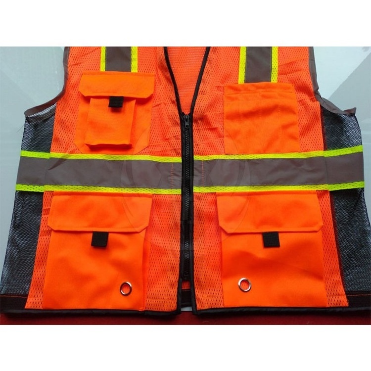 Hot Sale New Design High Reflective Orange with Black Mesh Safety Vest with Pockets