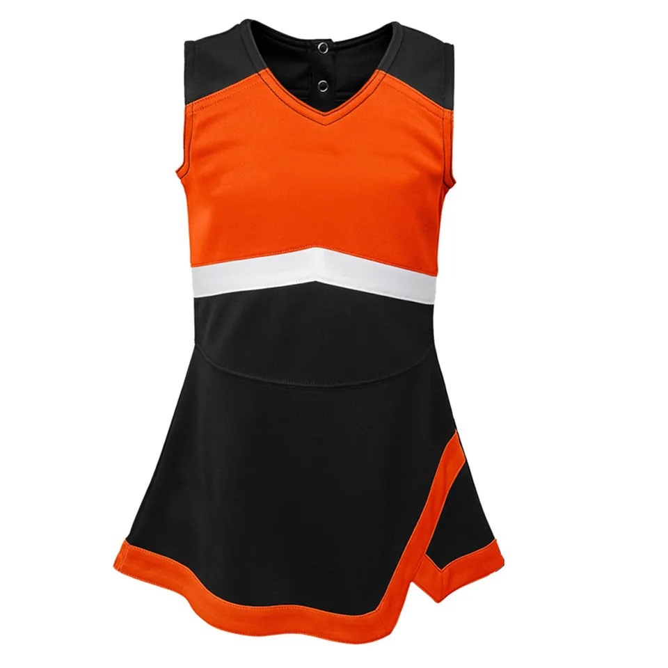 Wholesale Customized Cheer Uniforms Kids Crop Tops Shorts Orange And Black Cheerleading Practice Wear With Customize Logo