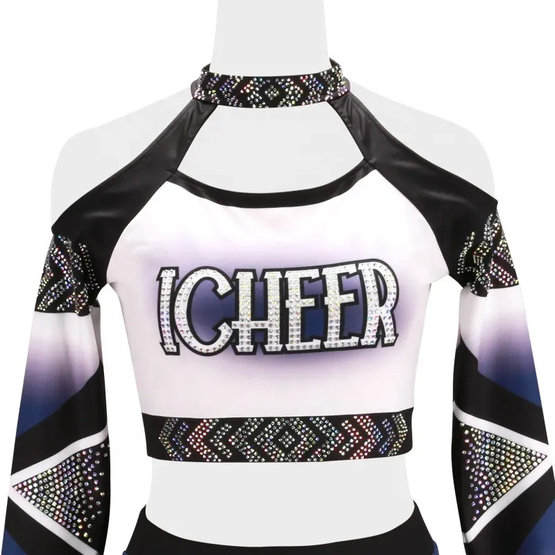 Wholesale Rhinestone Long Sleeves Cheer Leading Practice Wear Custom Cheer 1 Piece  Hot Selling Cheer Leading Uniforms