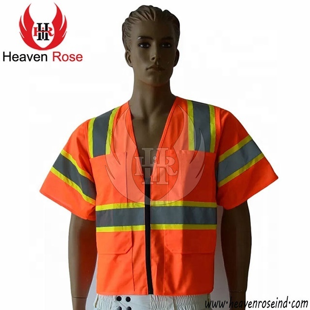 High Material Used Reflective/Safety/Traffic Fluorescent Orange Warning Workwear/Vest With Zipper And Pockets