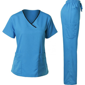 Hot Sale V-neck Hospital Uniforms Medical Nursing Scrubs Uniforms Scrub Set Short Sleeve Tops jogger Pants Uniform For Women