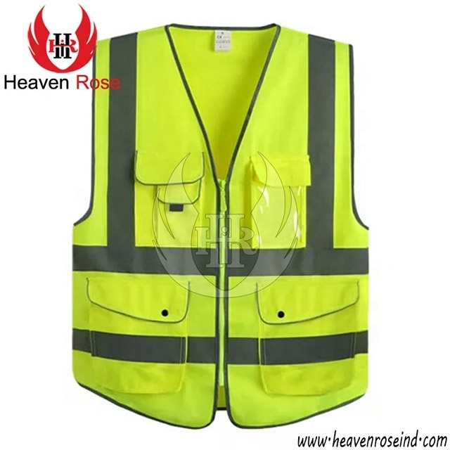 Unisex High Visibility Reflective Security Night Work Vest Safety Vest 5 Pouch Reflective Zipper Security Jacket Outdoor