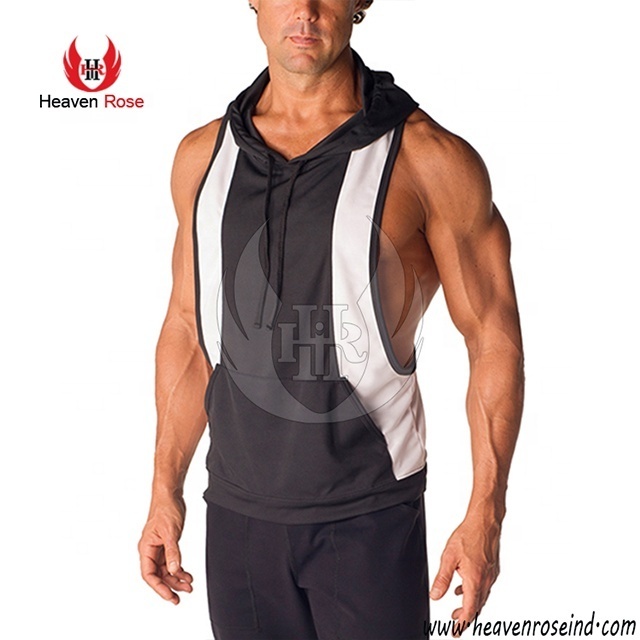 Tow Side Panel Stripes Top Hot Selling Attached Kangaroo Pockets Sleeveless Hoodies For Adult Youth