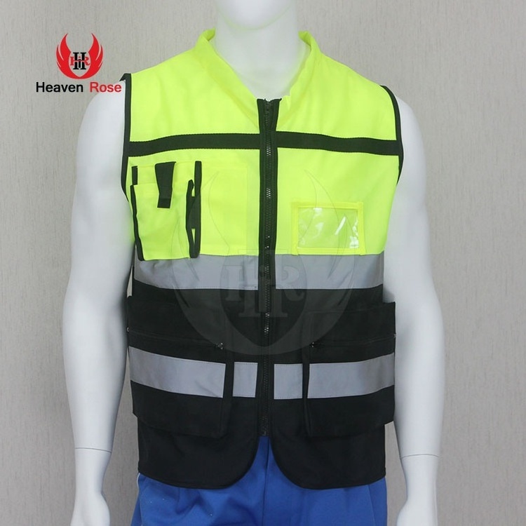 Hot New Design Custom Made Multi Pockets Yellow and Black Reflective Safety Vest