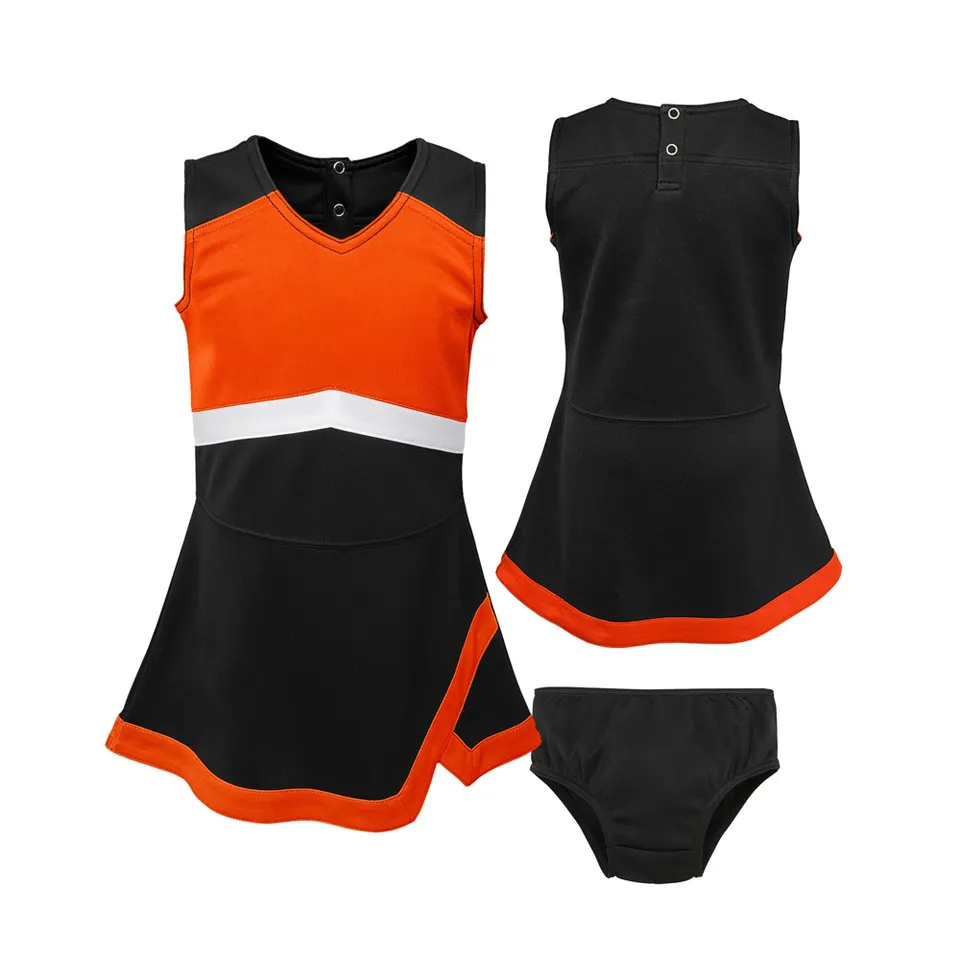 Wholesale Customized Cheer Uniforms Kids Crop Tops Shorts Orange And Black Cheerleading Practice Wear With Customize Logo