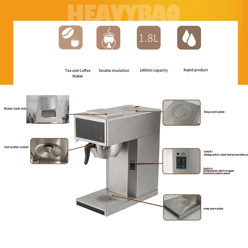 Heavybao Coffee Machine Maker Stainless Steel Boiling Dry Protection Semi-automatic Tea Hot Drink Making Machine