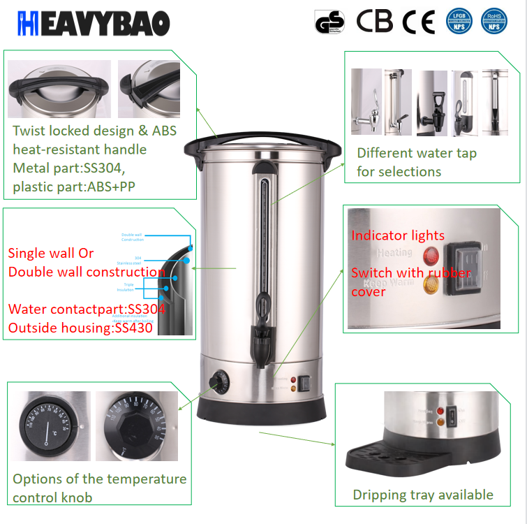 Heavybao Hotel Kitchen Equipment Catering Supplies Coffee Percolator Tea Urn Electric Water Boiler Urn