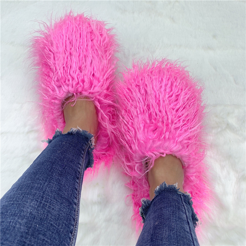 luxury style women fur flat shoes sheepskin fur slipper Mongolian Fur Slides