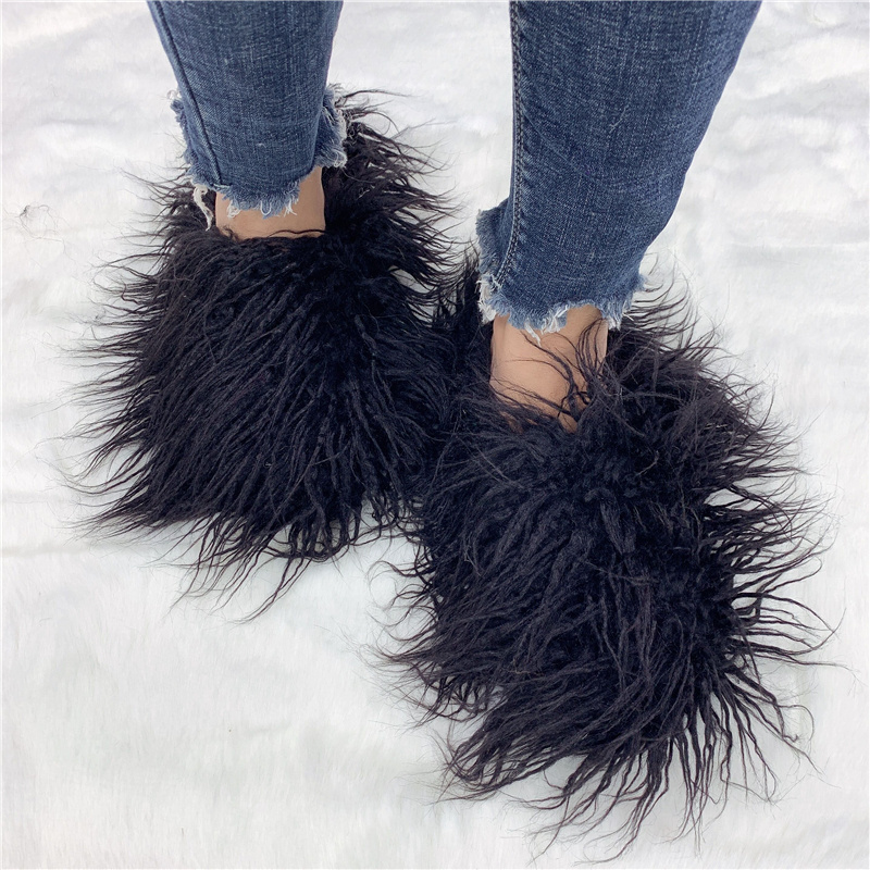 luxury style women fur flat shoes sheepskin fur slipper Mongolian Fur Slides