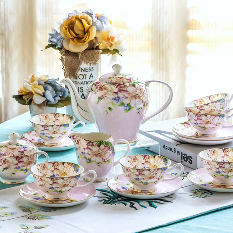 Bone china tea cup and saucer flower pot porcelain tea set of 6 cup and saucer for 6 people 15pcs with milk jug and sugar bowl