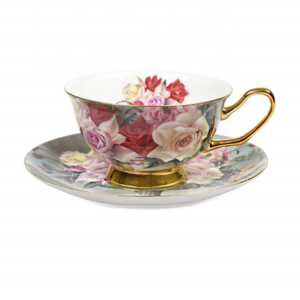 Wholesales bone china flower decal gold rim handle porcelain tea set of 6 cup and saucer 12pcs cup and saucer with metal holder