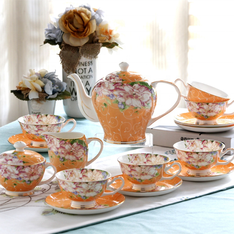 Bone china tea cup and saucer flower pot porcelain tea set of 6 cup and saucer for 6 people 15pcs with milk jug and sugar bowl