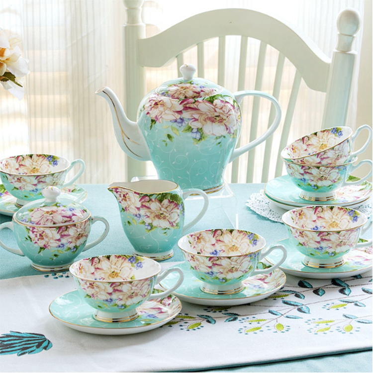 Bone china tea cup and saucer flower pot porcelain tea set of 6 cup and saucer for 6 people 15pcs with milk jug and sugar bowl