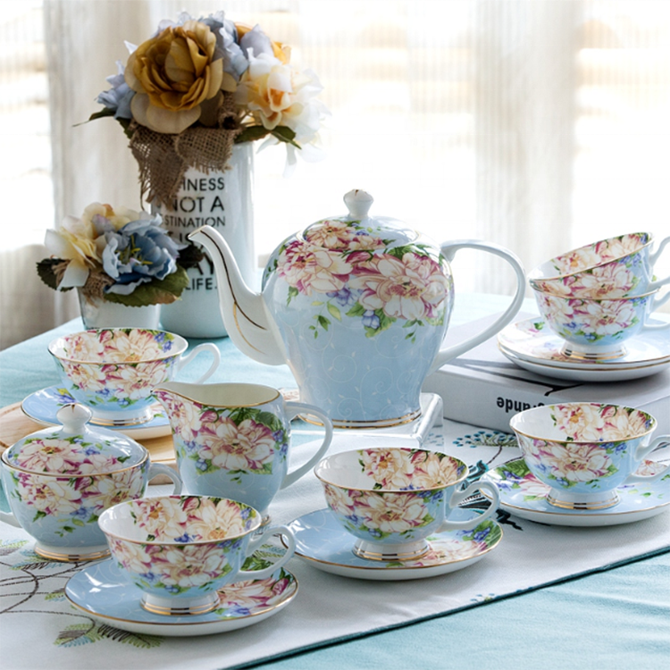 Bone china tea cup and saucer flower pot porcelain tea set of 6 cup and saucer for 6 people 15pcs with milk jug and sugar bowl