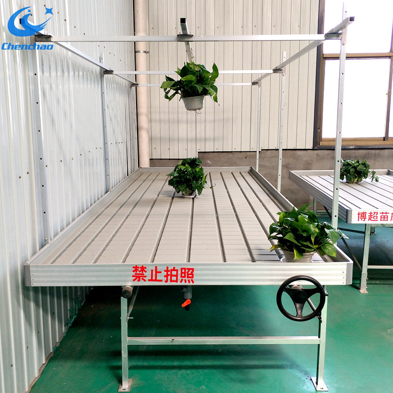 Ebb and flow greenhouse grow plants with tray rolling bench