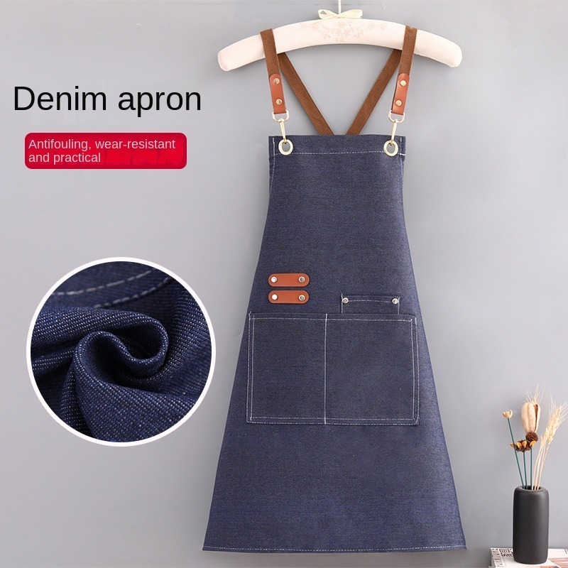 Custom Logo Bbq Restaurant Beauty Salon Barista Cafe Coffee Shop Bakery Denim Canvas Chef Kitchen Apron with Leather Strap