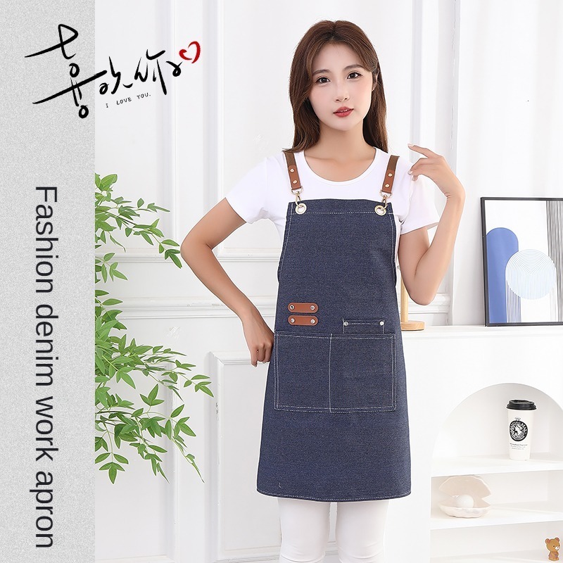 Custom Logo Bbq Restaurant Beauty Salon Barista Cafe Coffee Shop Bakery Denim Canvas Chef Kitchen Apron with Leather Strap