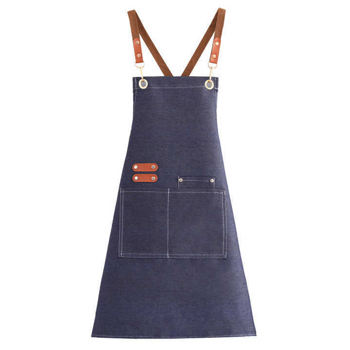 Custom Logo Bbq Restaurant Beauty Salon Barista Cafe Coffee Shop Bakery Denim Canvas Chef Kitchen Apron with Leather Strap