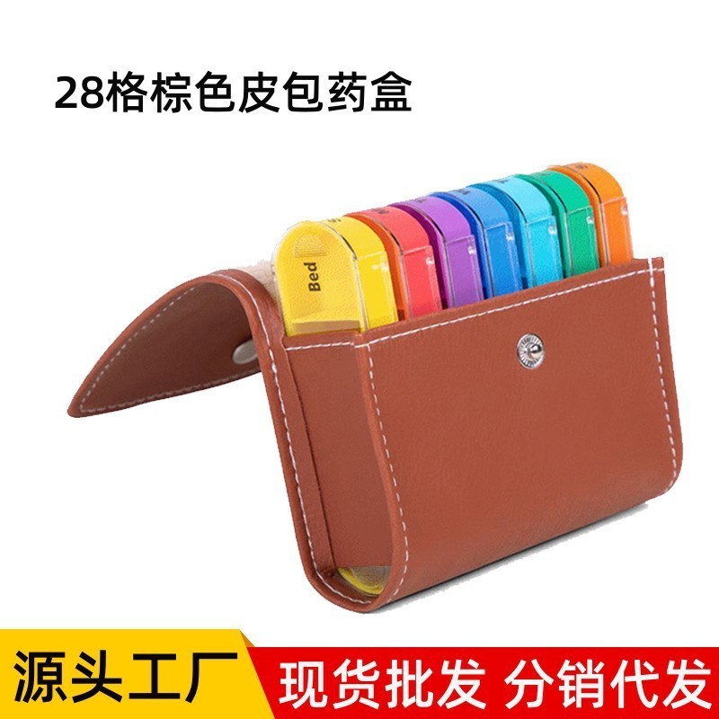 Wholesale Custom Logo Brown Notebook Pill Box Portable PU Leather Bag 28 Compartments Wallet Pill Box