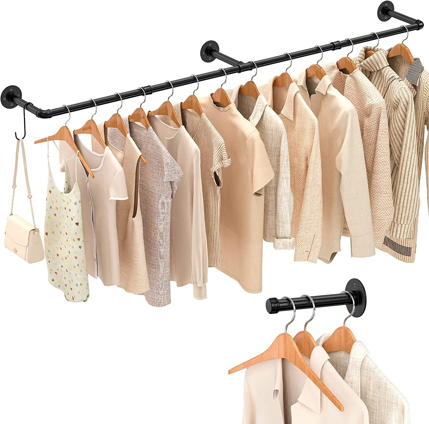 72 Inch Wall Mount Industrial Pipe Clothing Rack Garment Rack Clothes Hanging Rod Bar for Closet Laundry Room Storage