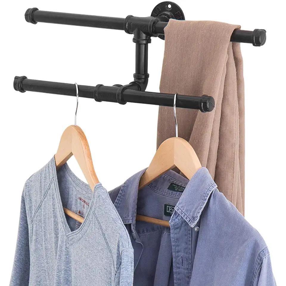 Clothes Bracket Hanger On The Wall Industrial Black Double Layer Metal Pipe Wall Hanging Clothing Display Towel Bars Coat Racks