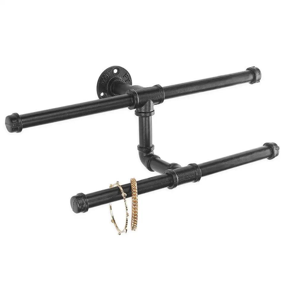 Clothes Bracket Hanger On The Wall Industrial Black Double Layer Metal Pipe Wall Hanging Clothing Display Towel Bars Coat Racks