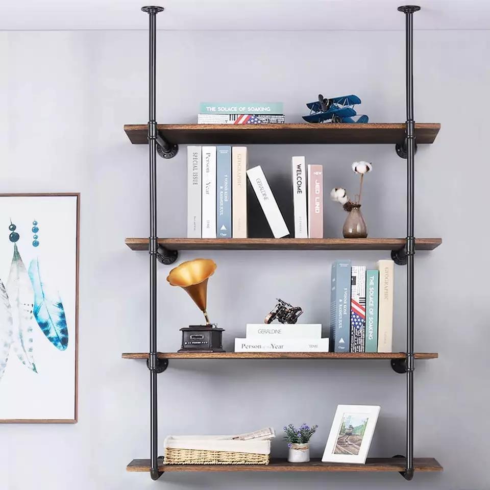 4 Tier X2 Industrial Wall Mount Black Iron Pipe Shelf Retro Storage Shelves Pipe Shelving Hung Shelf Bracket