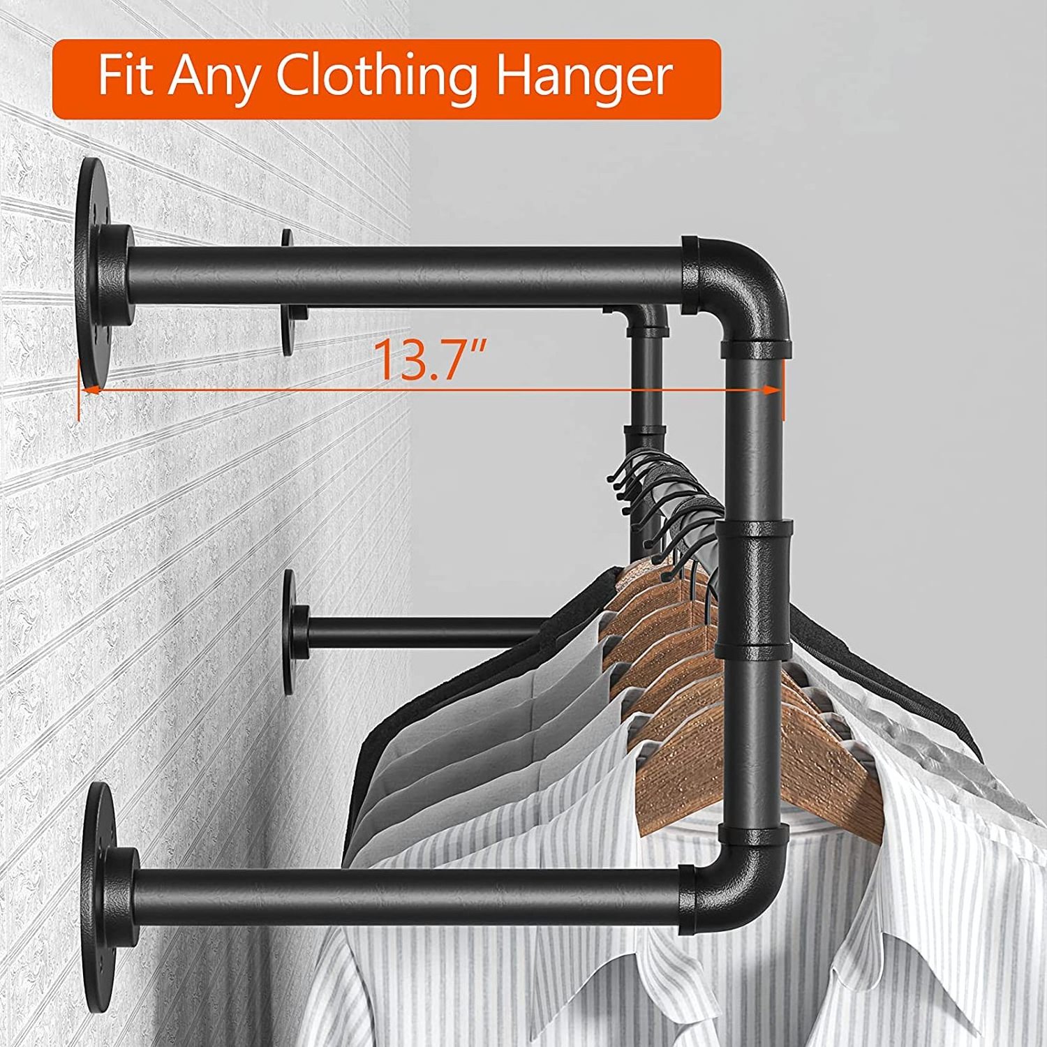 48 Inch Clothing Rack Wall Mount, Heavy-Duty Metal Wall Clothes Rack, Industrial Pipe Clothing Rack for Hanging Clothes