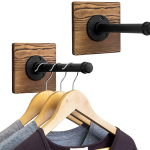 Industrial Metal Pipe & Burnt Wood Wall Mounted Clothing Coat Garment Rack Hanger Hooks