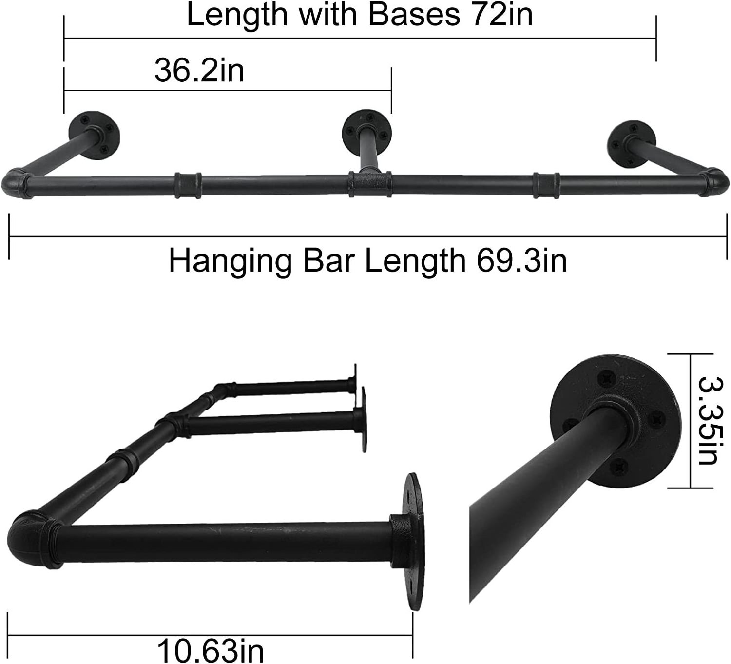 72 Inch Wall Mount Industrial Pipe Clothing Rack Garment Rack Clothes Hanging Rod Bar for Closet Laundry Room Storage