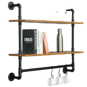 24" 2Tiers Industrial Iron Pipe Bathroom Shelves with Towel bar, Pipe Shelf Wall Mounted with Hooks for Coffee Bar Kitchen