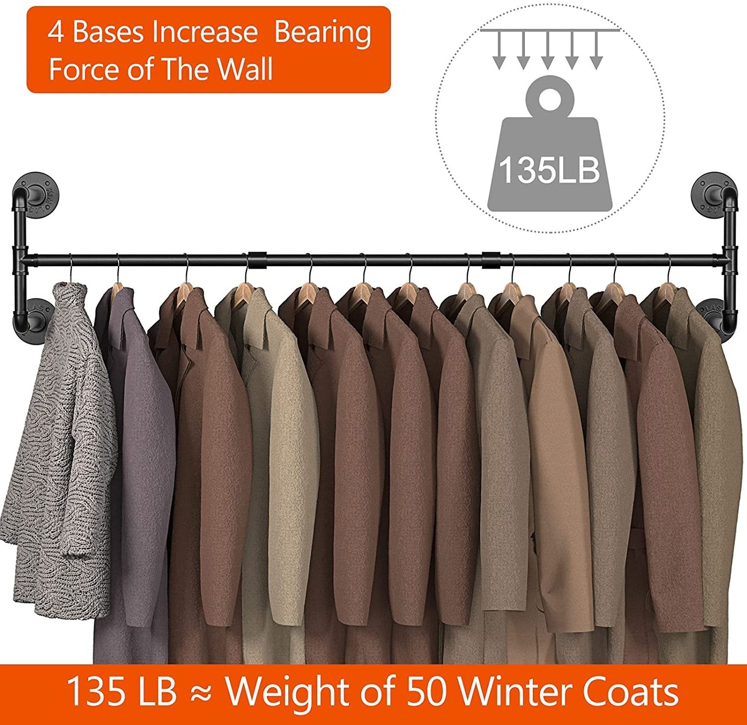 48 Inch Clothing Rack Wall Mount, Heavy-Duty Metal Wall Clothes Rack, Industrial Pipe Clothing Rack for Hanging Clothes