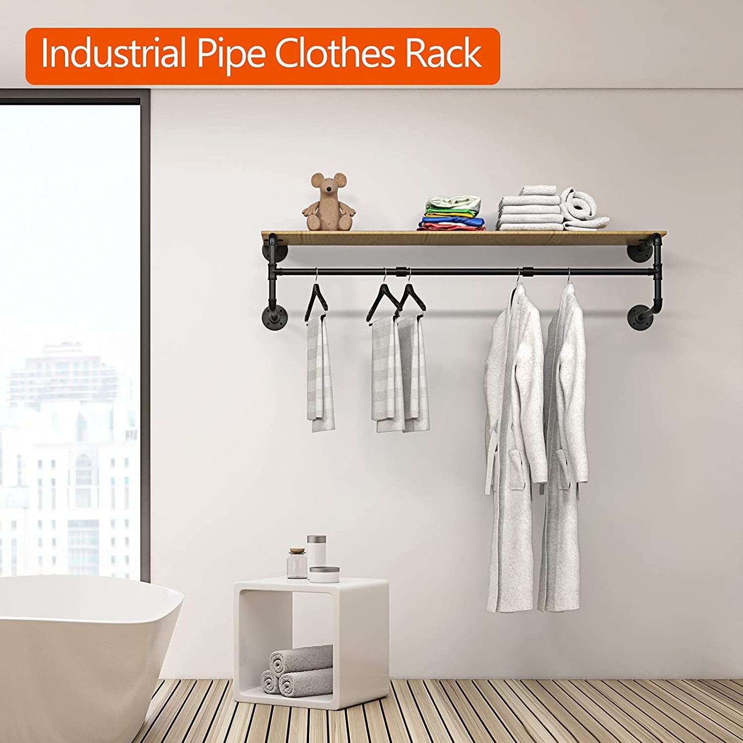 48 Inch Clothing Rack Wall Mount, Heavy-Duty Metal Wall Clothes Rack, Industrial Pipe Clothing Rack for Hanging Clothes