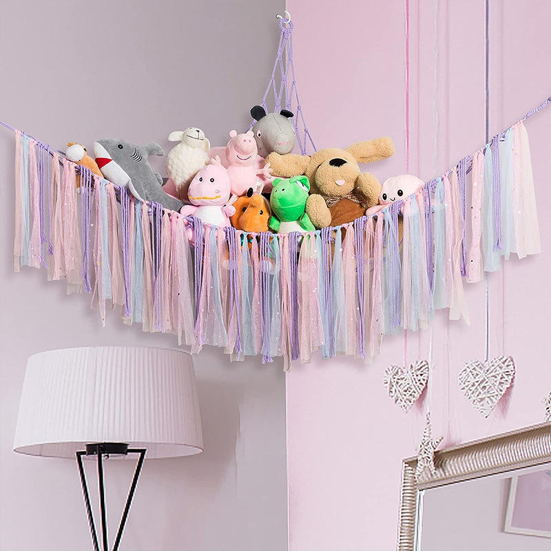 New Hand-Woven Colorful Cotton Rope Triangle Wall Mountable Toy Mesh Pocket Space Saving Kids Toy Storage