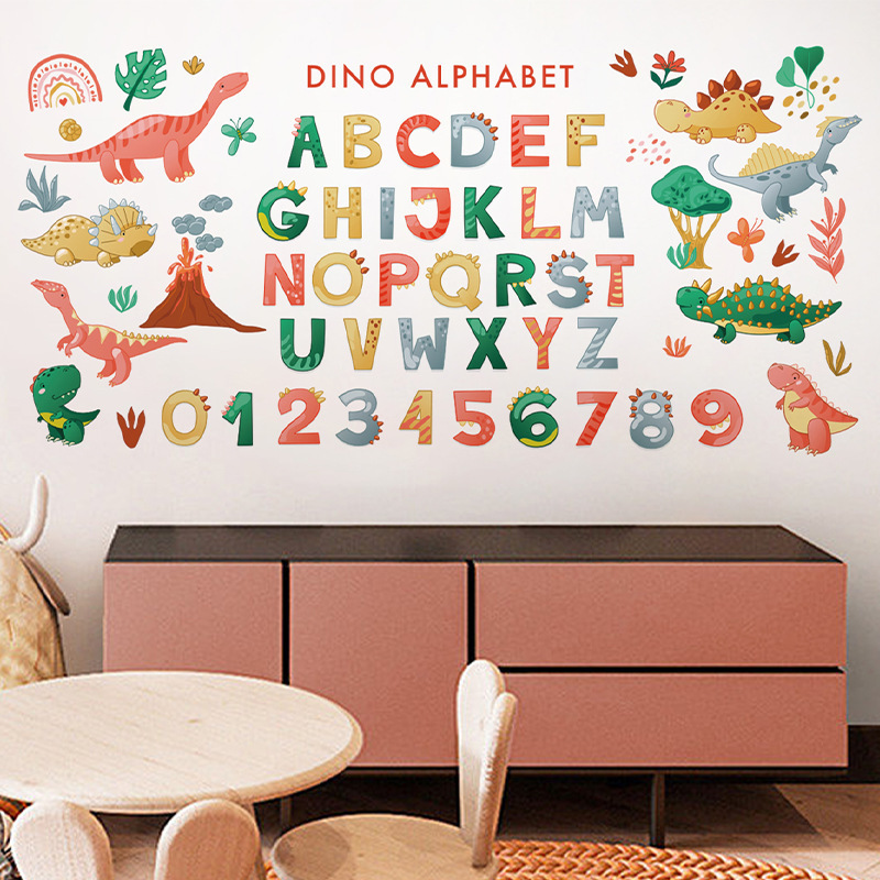 English letter enlightenment wallpaper cartoon dinosaur children's bedroom kindergarten decoration self-adhesive sticker