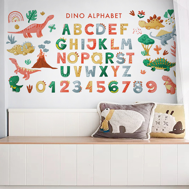 English letter enlightenment wallpaper cartoon dinosaur children's bedroom kindergarten decoration self-adhesive sticker