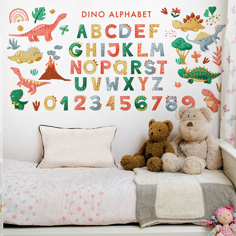 English letter enlightenment wallpaper cartoon dinosaur children's bedroom kindergarten decoration self-adhesive sticker