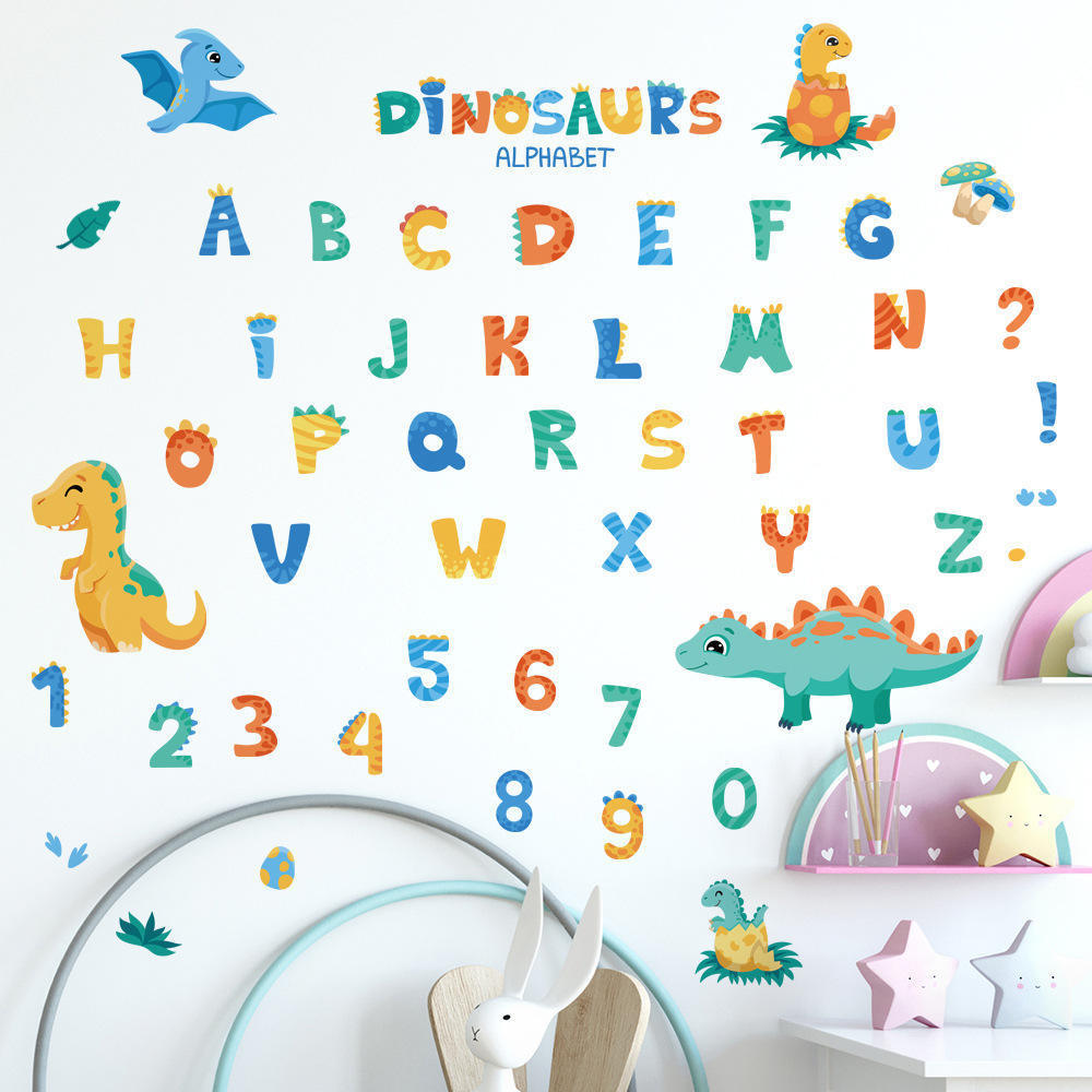 New English letterwallpaper cartoon dinosaur children's room bedroom kindergarten decoration self-adhesive sticker