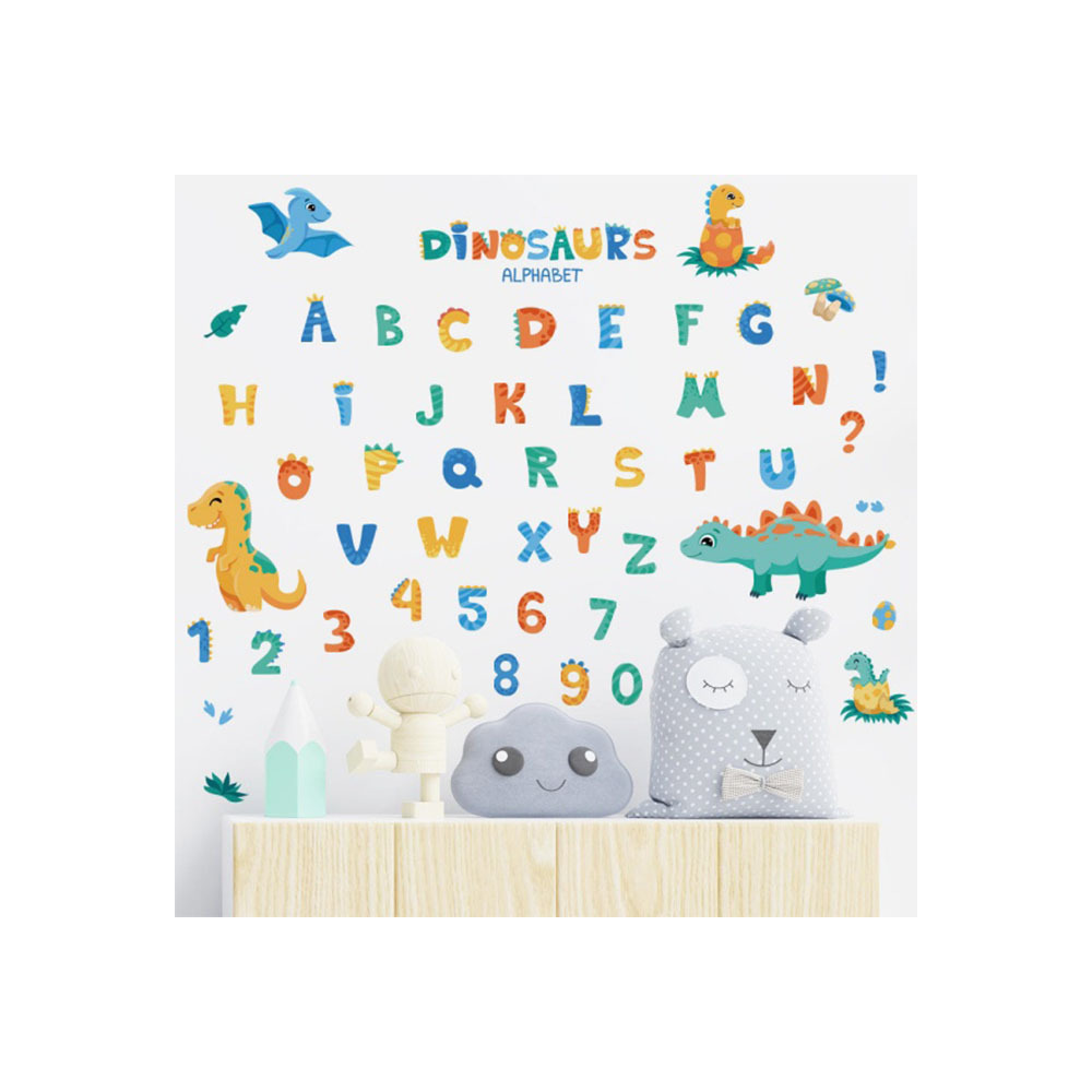 New English letterwallpaper cartoon dinosaur children's room bedroom kindergarten decoration self-adhesive sticker