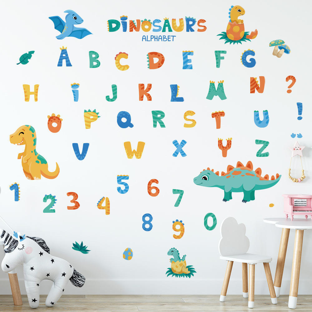 New English letterwallpaper cartoon dinosaur children's room bedroom kindergarten decoration self-adhesive sticker